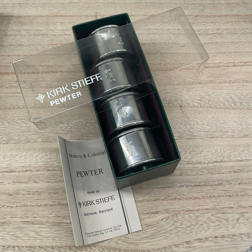 Kirk Stieff Pewter Napkin Rings Set in Box Modern & Colonial Vintage Table